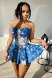 Women Denim Printed Strapless Stretch Ruffle Dress