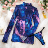 Sexy Women's Printed See-Through Mesh High Collar Slit Dress Thong Set