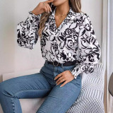 Autumn Winter Elegant Contrast Color Flower Printed Lantern Sleeve Turndown Collar Women's Shirt