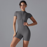 Women Solid Zipper Short Sleeve Sports Fitness Yoga Romper