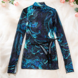 Sexy Women's Printed See-Through Mesh High Collar Slit Dress Thong Set