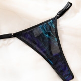 Sexy Women's Printed See-Through Mesh High Collar Slit Dress Thong Set