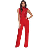 Women's High Neck Fashion Sleeveless Lace Patchwork Straight Leg Women's Jumpsuit
