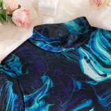 Sexy Women's Printed See-Through Mesh High Collar Slit Dress Thong Set