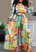 Women's Spring Summer Chic Elegant Contrast Print Off Shoulder Wide Leg Casual Two-Piece Pants Set