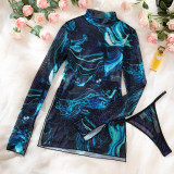 Sexy Women's Printed See-Through Mesh High Collar Slit Dress Thong Set