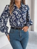 Autumn Winter Elegant Contrast Color Flower Printed Lantern Sleeve Turndown Collar Women's Shirt