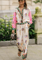 Spring And Autumn Long Sleeve Pocket Print Shirt Pants Loose Casual Two-Piece Suit For Women