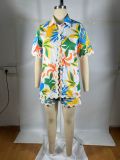 Women's Print Lace Patchwork Short Sleeve Shirt Shorts Two-Piece Set