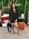 Women's Turndown Collar Deep V Tight Fitting Long Sleeve Jumpsuit