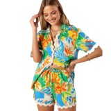 Women's Print Lace Patchwork Short Sleeve Shirt Shorts Two-Piece Set