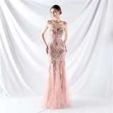 Sequin Mesh Patchwork Strapless Mermaid Evening Dress