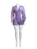 Women's Turndown Collar Deep V Tight Fitting Long Sleeve Jumpsuit