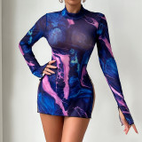 Sexy Women's Printed See-Through Mesh High Collar Slit Dress Thong Set