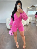 Women's Turndown Collar Deep V Tight Fitting Long Sleeve Jumpsuit