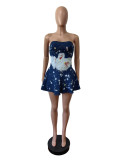 Women Denim Printed Strapless Stretch Ruffle Dress