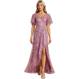 Elegant Embroidered Sequined Prom Dress Ruffle Sleeve Fishtail Long Evening Dress
