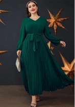 Fashion Solid Color V-Neck Long Sleeve Pleated Plus Size Dress Fashion Solid Color V-Neck Long Sleeve Pleated Plus Size Dress