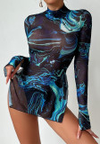 Sexy Women's Printed See-Through Mesh High Collar Slit Dress Thong Set