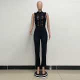 Women's High Neck Fashion Sleeveless Lace Patchwork Straight Leg Women's Jumpsuit