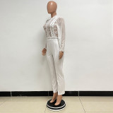 Women's High Waist High Collar Lace Long Sleeve Straight Leg Jumpsuit For Women