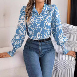 Autumn Winter Elegant Contrast Color Flower Printed Lantern Sleeve Turndown Collar Women's Shirt