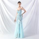 Sequin Mesh Patchwork Strapless Mermaid Evening Dress