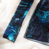 Sexy Women's Printed See-Through Mesh High Collar Slit Dress Thong Set