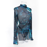 Sexy Women's Printed See-Through Mesh High Collar Slit Dress Thong Set