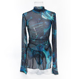 Sexy Women's Printed See-Through Mesh High Collar Slit Dress Thong Set