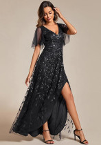 Elegant Embroidered Sequined Prom Dress Ruffle Sleeve Fishtail Long Evening Dress Elegant Embroidered Sequined Prom Dress Ruffle Sleeve Fishtail Long Evening Dress