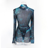 Sexy Women's Printed See-Through Mesh High Collar Slit Dress Thong Set