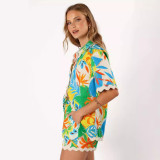 Women's Print Lace Patchwork Short Sleeve Shirt Shorts Two-Piece Set