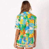 Women's Print Lace Patchwork Short Sleeve Shirt Shorts Two-Piece Set