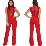 Women's High Neck Fashion Sleeveless Lace Patchwork Straight Leg Women's Jumpsuit