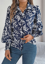 Autumn Winter Elegant Contrast Color Flower Printed Lantern Sleeve Turndown Collar Women's Shirt