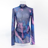 Sexy Women's Printed See-Through Mesh High Collar Slit Dress Thong Set