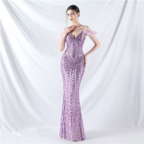Strap V-Neck Feather Formal Party Evening Dress