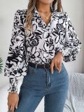 Autumn Winter Elegant Contrast Color Flower Printed Lantern Sleeve Turndown Collar Women's Shirt