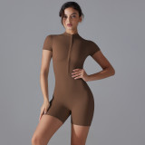 Women Solid Zipper Short Sleeve Sports Fitness Yoga Romper