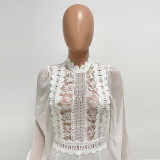 Women's High Waist High Collar Lace Long Sleeve Straight Leg Jumpsuit For Women