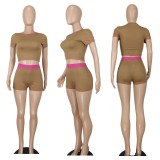 Women Casual Ribbed Contrast Color Short Sleeve Top and Shorts Two-piece Set