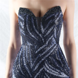 Sequin Mesh Patchwork Strapless Mermaid Evening Dress