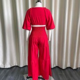 Women Spring Casual V-neck Sleeveless High Waist Solid Cascading Ruffle Loose Plus Size Two Piece Pants Set