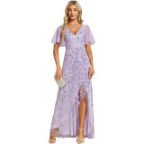 Elegant Embroidered Sequined Prom Dress Ruffle Sleeve Fishtail Long Evening Dress