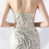 Sequin Mesh Patchwork Strapless Mermaid Evening Dress