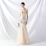 Sequin Mesh Patchwork Strapless Mermaid Evening Dress