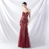 Sequin Mesh Patchwork Strapless Mermaid Evening Dress
