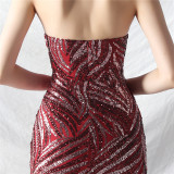 Sequin Mesh Patchwork Strapless Mermaid Evening Dress