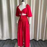 Women Spring Casual V-neck Sleeveless High Waist Solid Cascading Ruffle Loose Plus Size Two Piece Pants Set